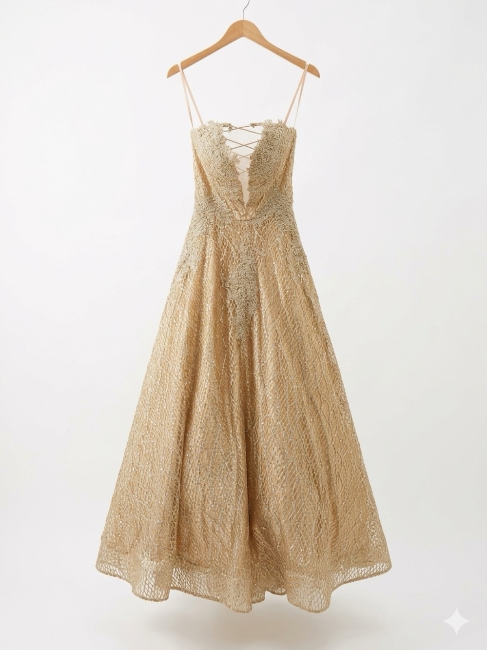 Elegant Gold Lace Evening Dress with Plunge Neckline